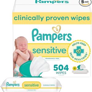 Pampers Sensitive Baby Wipes, Unscented & Hypoallergenic (1008 Wipes Total, 8 Flip‑Top Packs + 4 Refills)