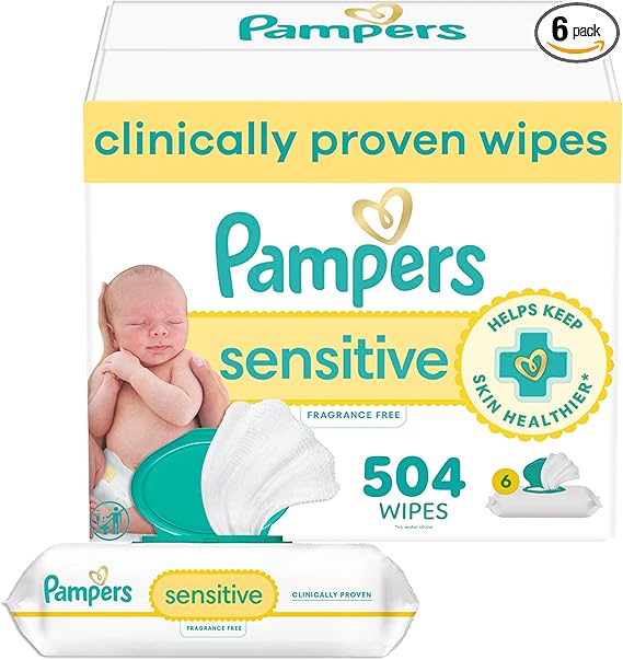 Pampers Sensitive Baby Wipes, Unscented & Hypoallergenic (1008 Wipes Total, 8 Flip‑Top Packs + 4 Refills)