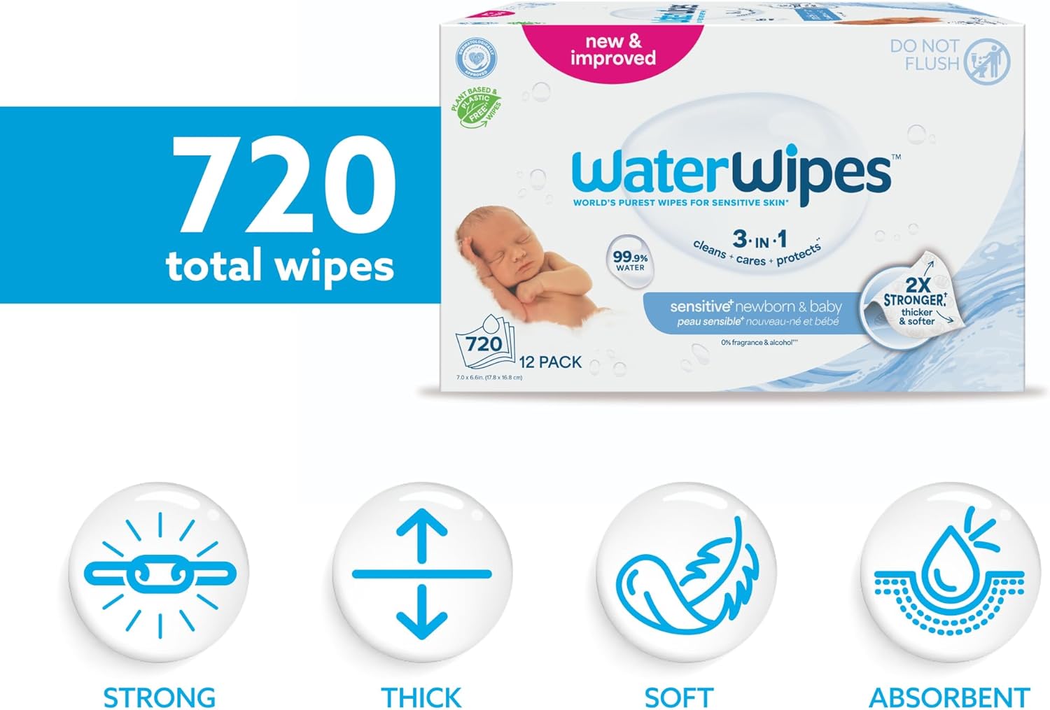 WaterWipes Original Baby Wipes – 99.9% Water, Unscented (12‑pack of 60) - Image 2
